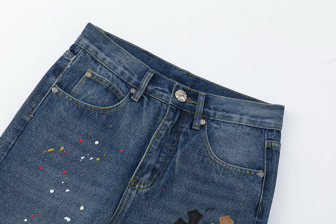 CHROME HEARTS PAINT DRIP CROSS PATCH JEANS DENIM