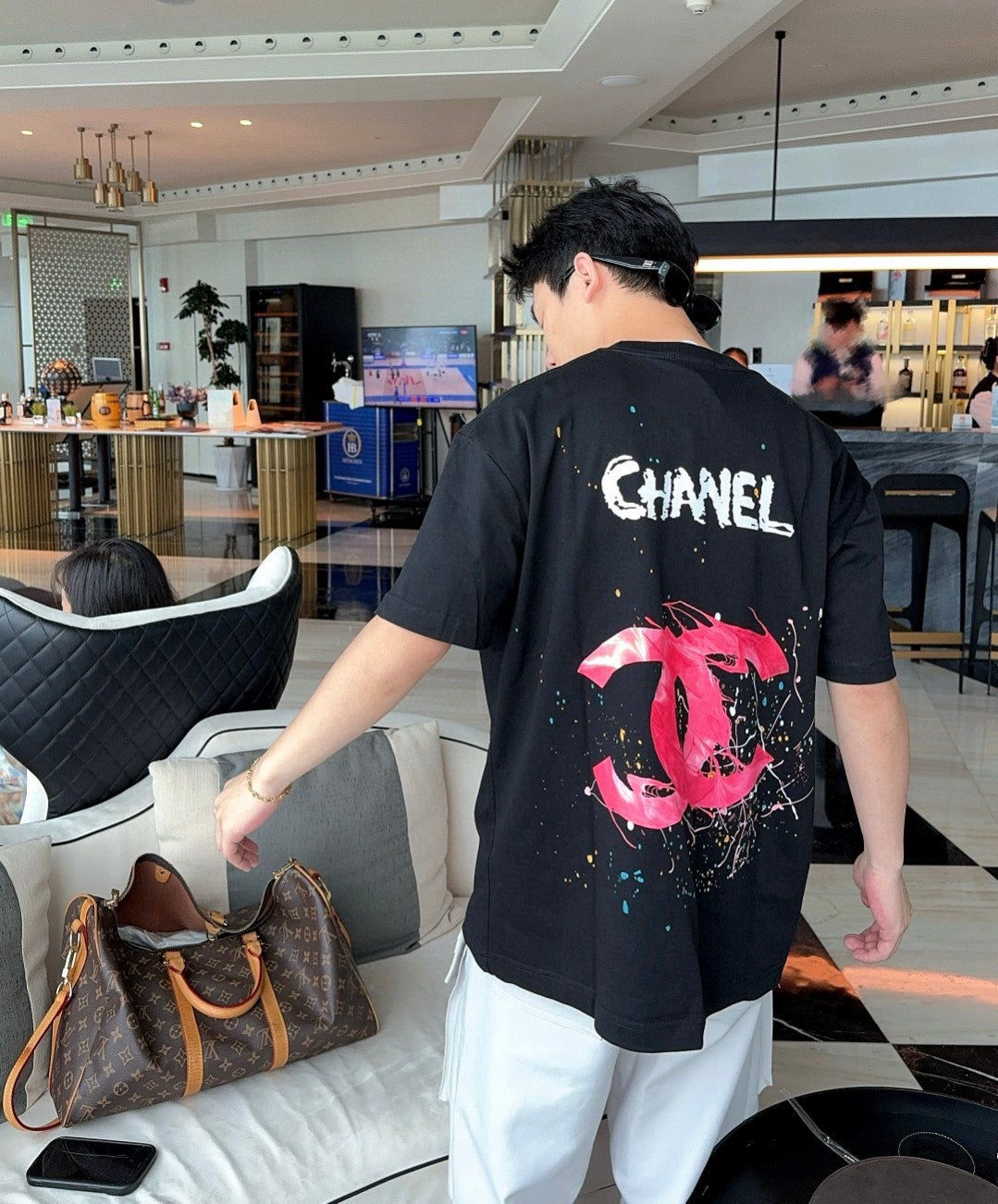 Chanel Pink Splash Logo Black T-Shirt