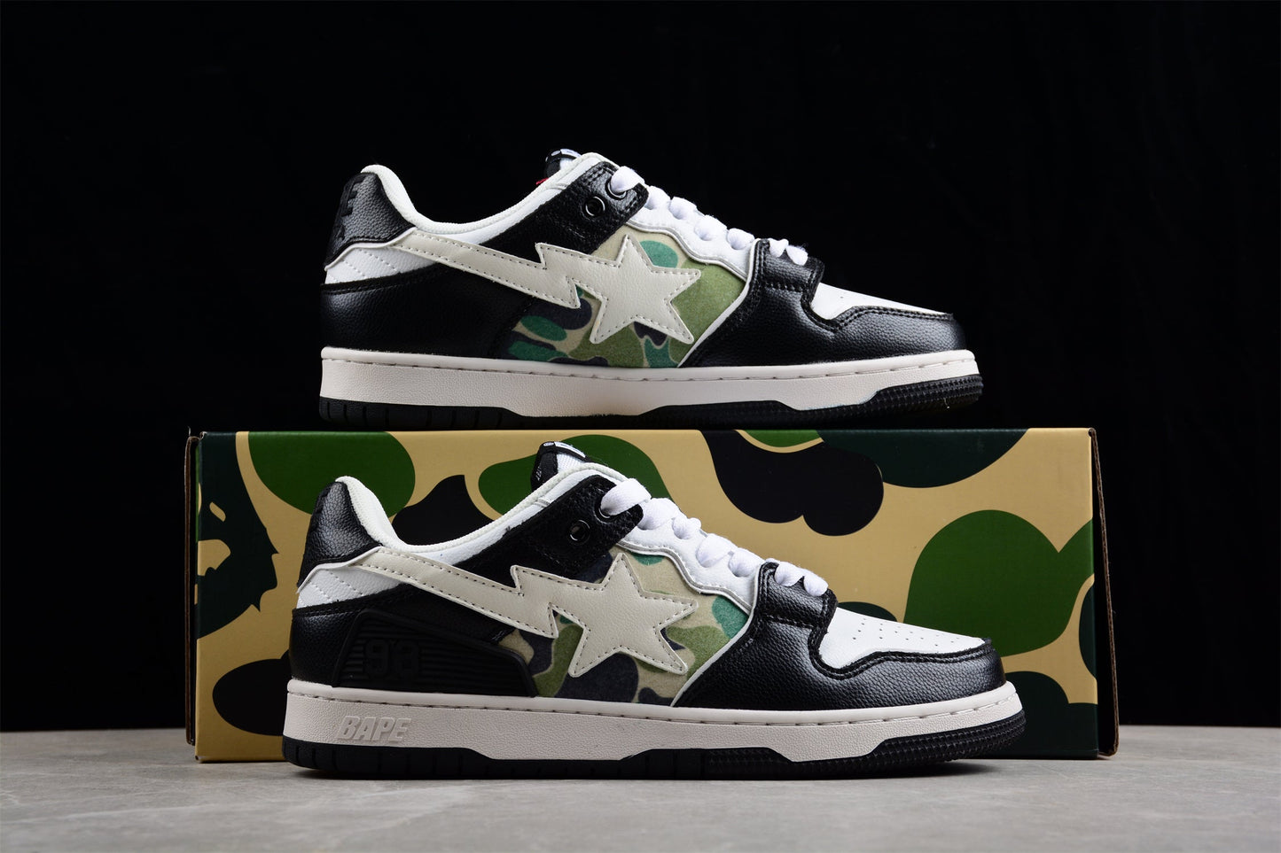 BAPE STA Low-Top Sneakers in Black, White, and Camo