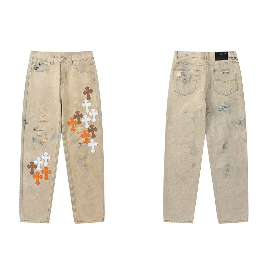 CHROME HEARTS ORANGE BROWN CROSS PATCH JEANS BEIGE