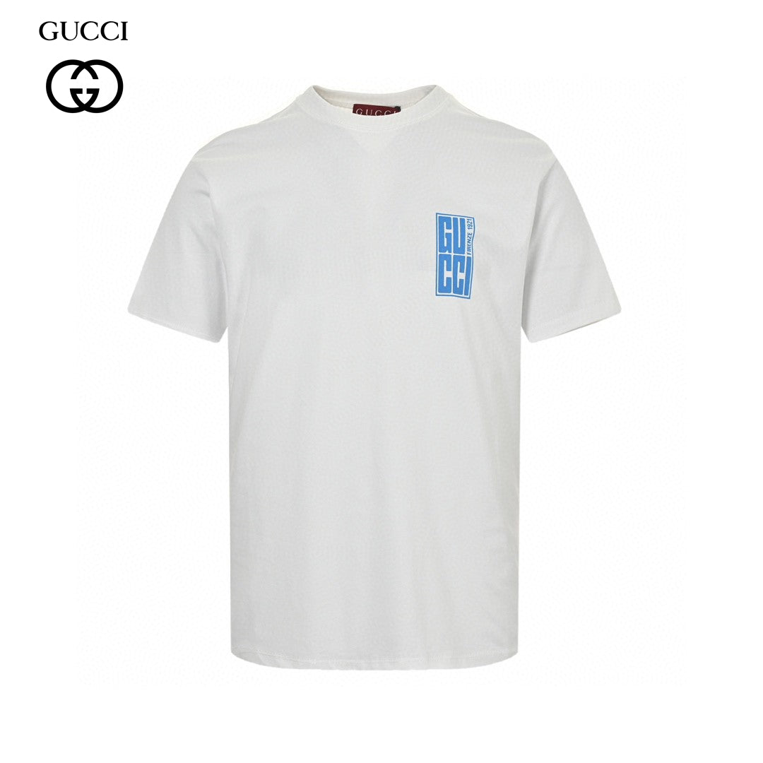 Gucci White T-Shirt with Blue Vertical Logo Patch