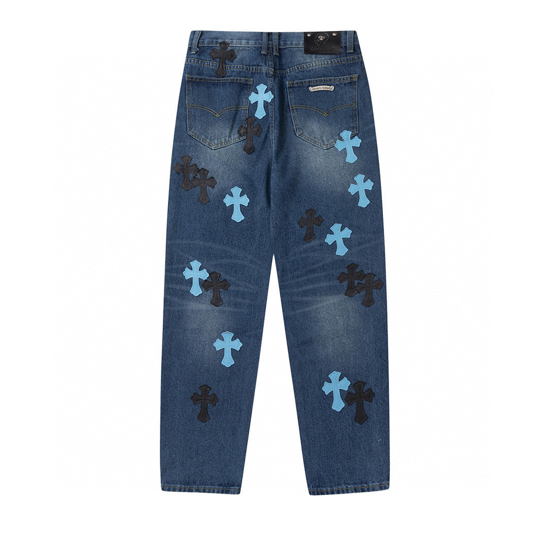 CHROME HEARTS BLUE CROSS PATCH JEANS DENIM