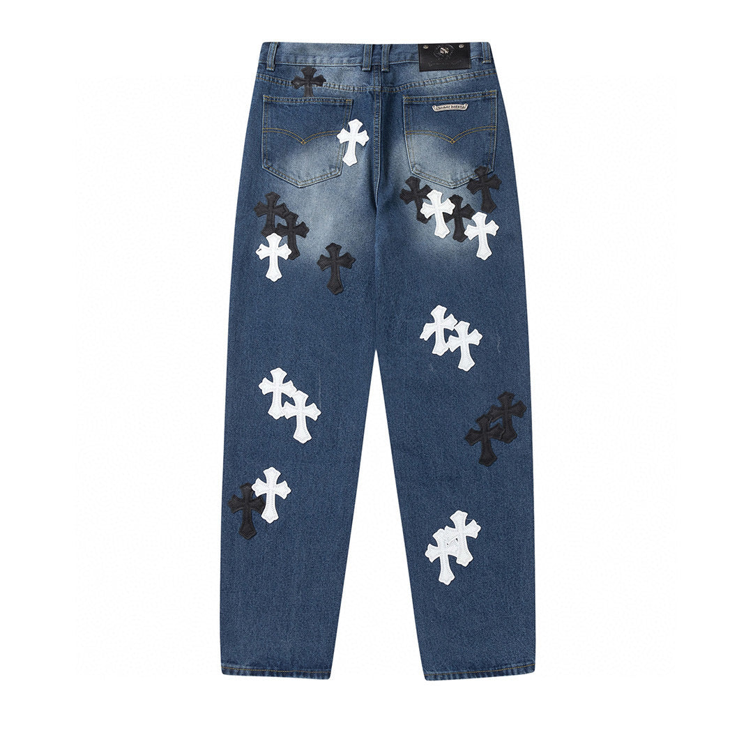 CHROME HEARTS WHITE BLACK CROSS PATCH JEANS DENIM