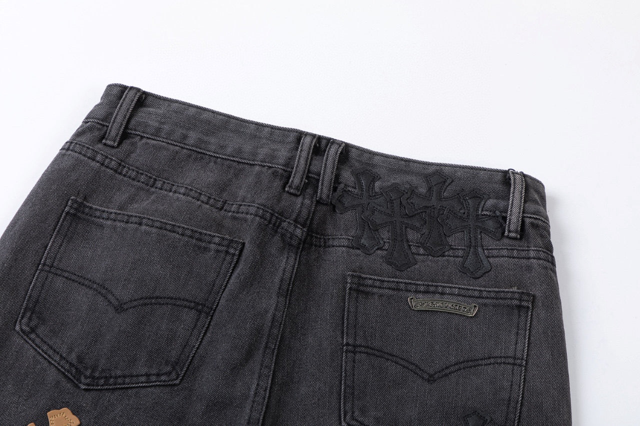 CHROME HEARTS BROWN CROSS PATCH JEANS BLACK