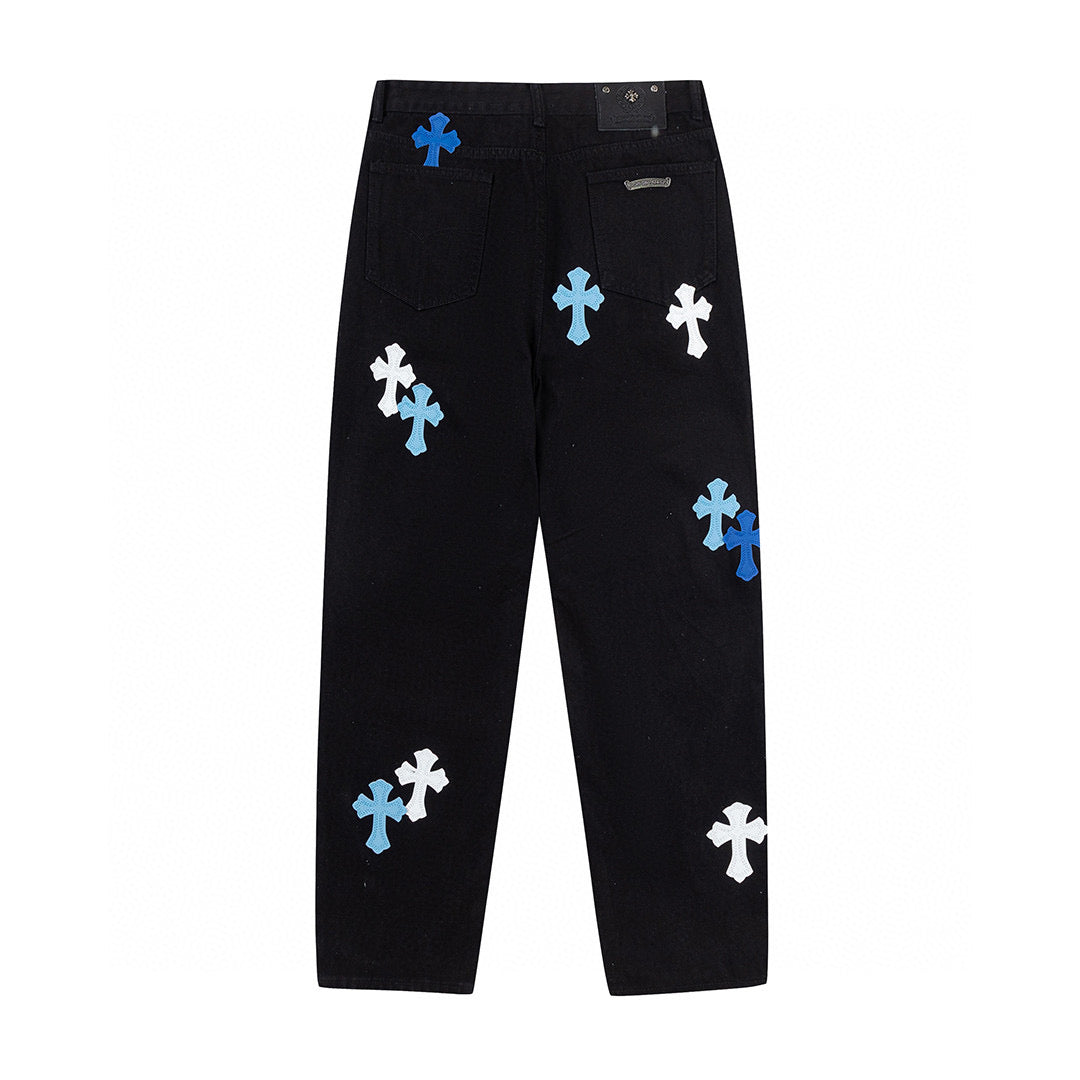 CHROME HEARTS BLUE CROSS PATCH JEANS BLACK