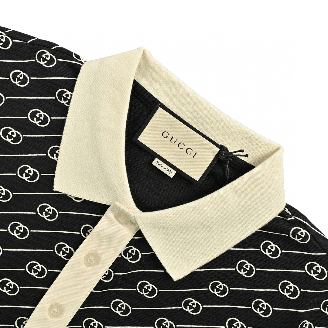 Gucci Black and Beige Patterned Polo Shirt