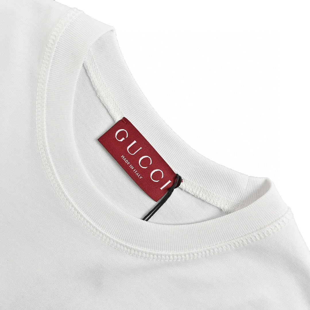 Gucci White T-Shirt with Blue Vertical Logo Patch