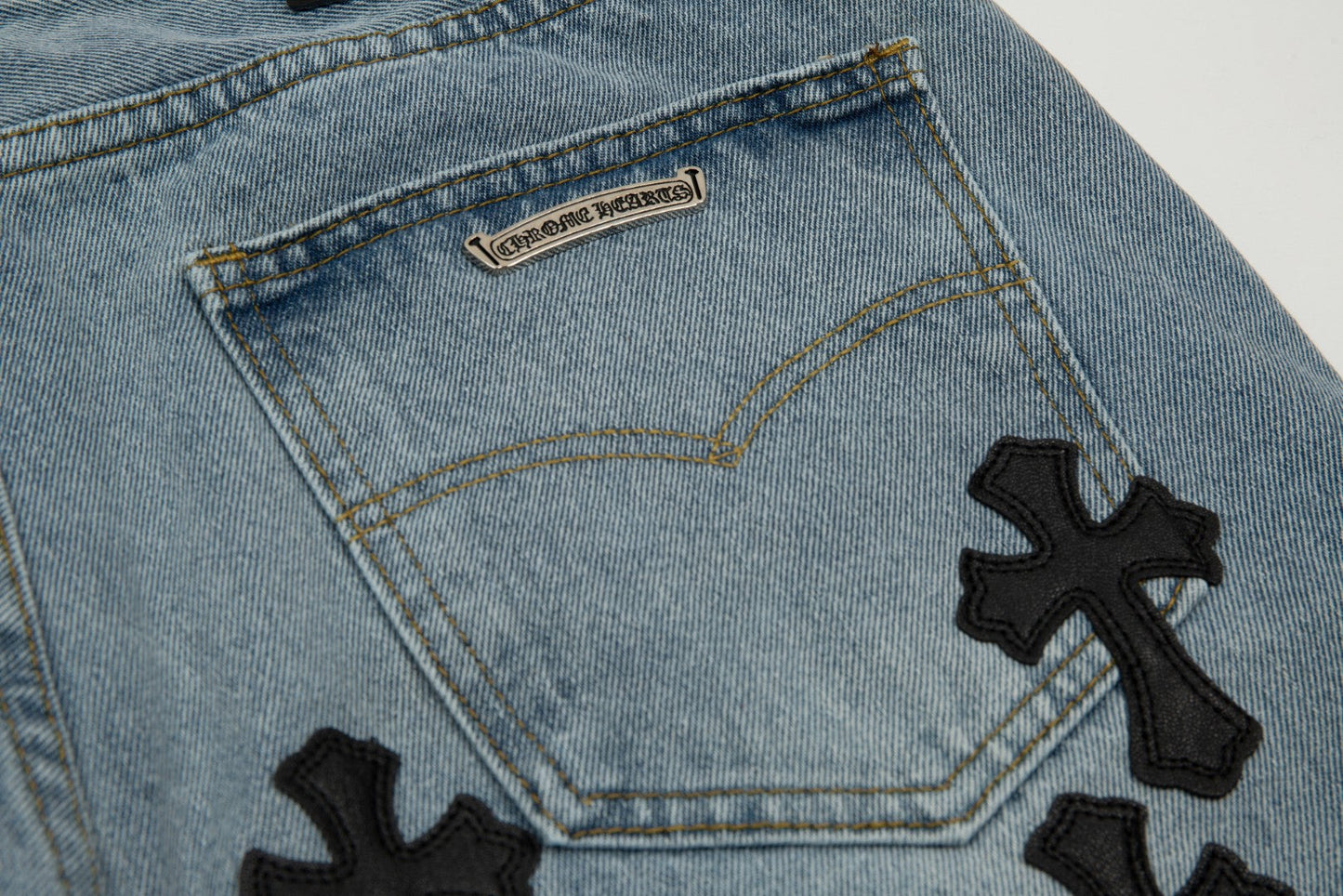 CHROME HEARTS BLACK CROSS PATCH JORTS WASHED DENIM