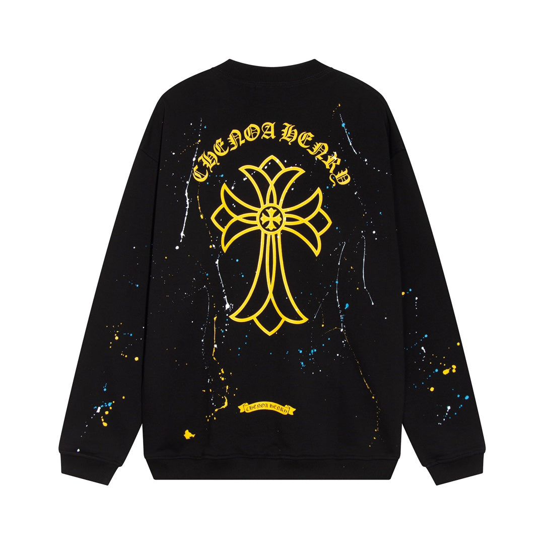 CHROME HEARTS PAINT DRIP YELLOW CROSS SWEATSHIRT BLACK