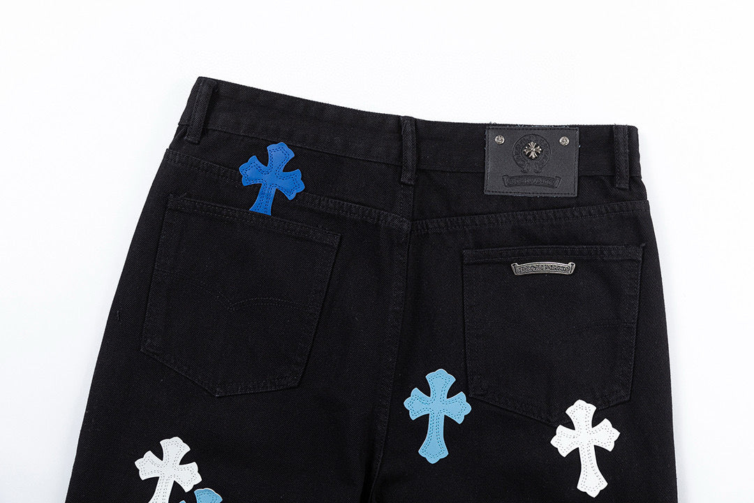 CHROME HEARTS BLUE CROSS PATCH JEANS BLACK