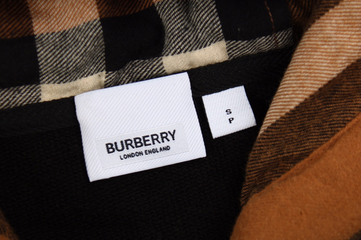 BURBERRY CHECK HOOD COTTON HOODIE BLACK