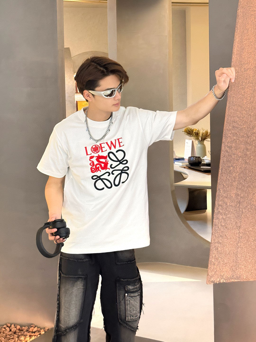 Loewe White T-Shirt with Red and Black Logo