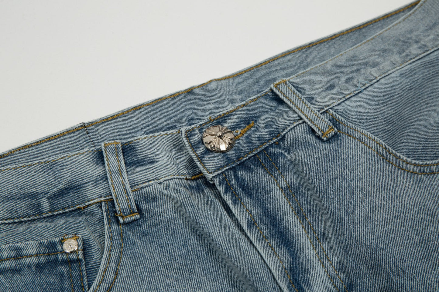 CHROME HEARTS BLACK CROSS PATCH JORTS WASHED DENIM