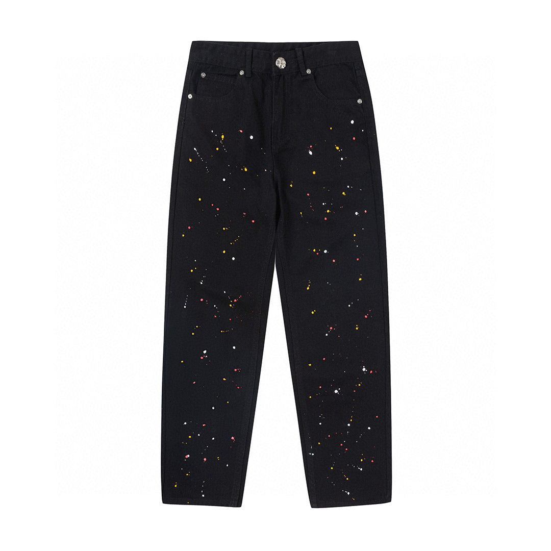 CHROME HEARTS PAINT DRIP YELLOW CROSS PATCH JEANS BLACK