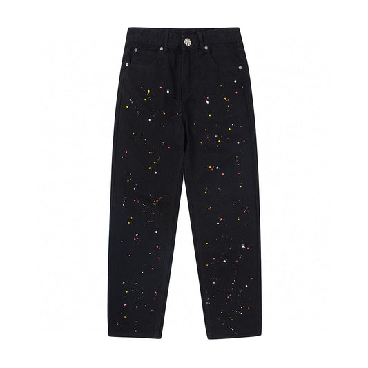 CHROME HEARTS PAINT DRIP YELLOW CROSS PATCH JEANS BLACK