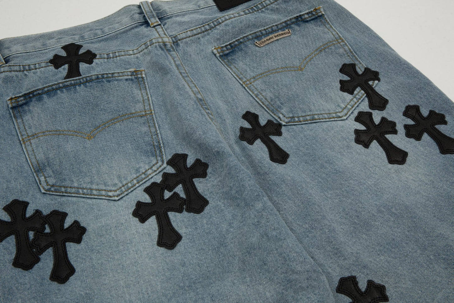 CHROME HEARTS BLACK CROSS PATCH JORTS WASHED DENIM