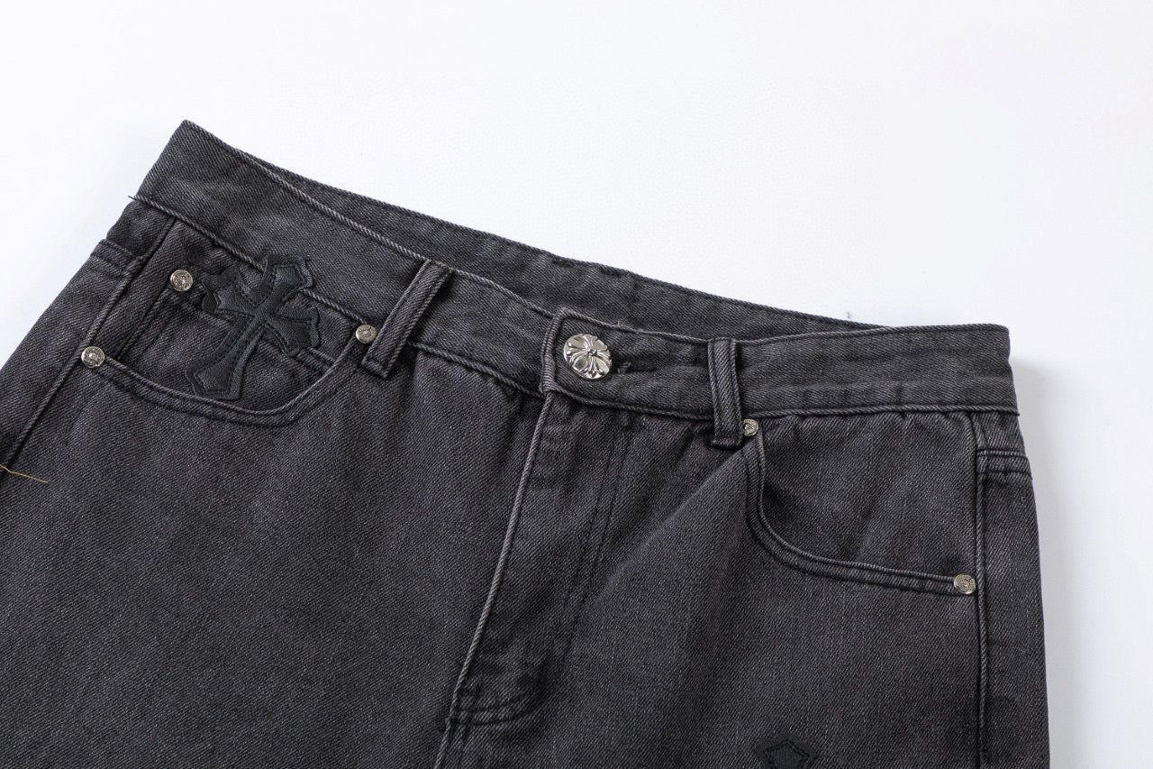 CHROME HEARTS BROWN CROSS PATCH JEANS BLACK