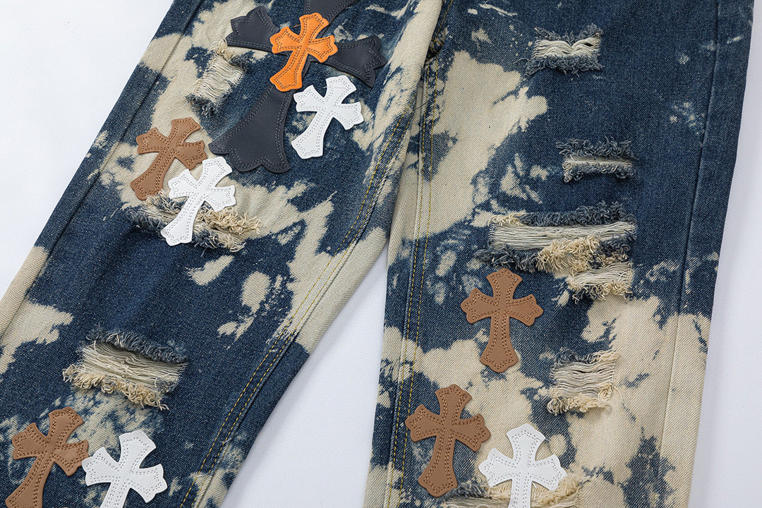 CHROME HEARTS TIE DYE WHITE ORANGE CROSS PATCH JEANS