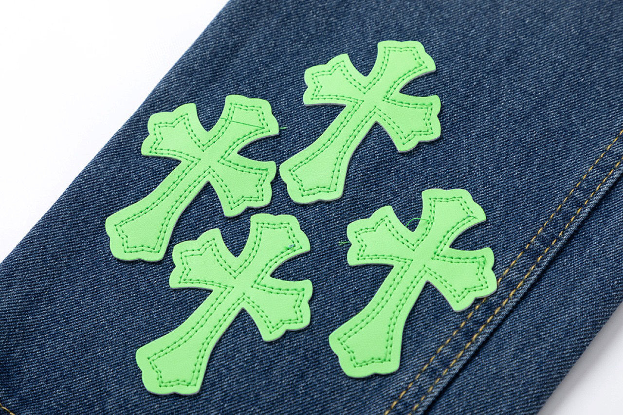 CHROME HEARTS GREEN CROSS PATCH JEANS DENIM