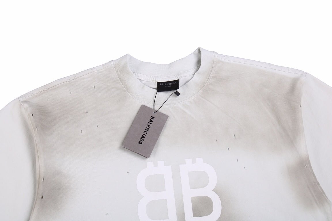 BALENCIAGA DISTRESSED LOGO T-SHIRT WHITE GREY