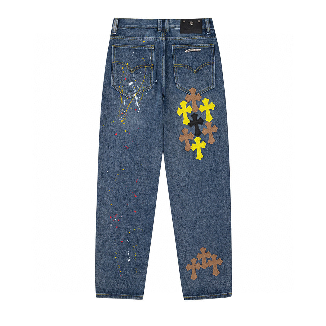 CHROME HEARTS PAINT DRIP CROSS PATCH JEANS DENIM