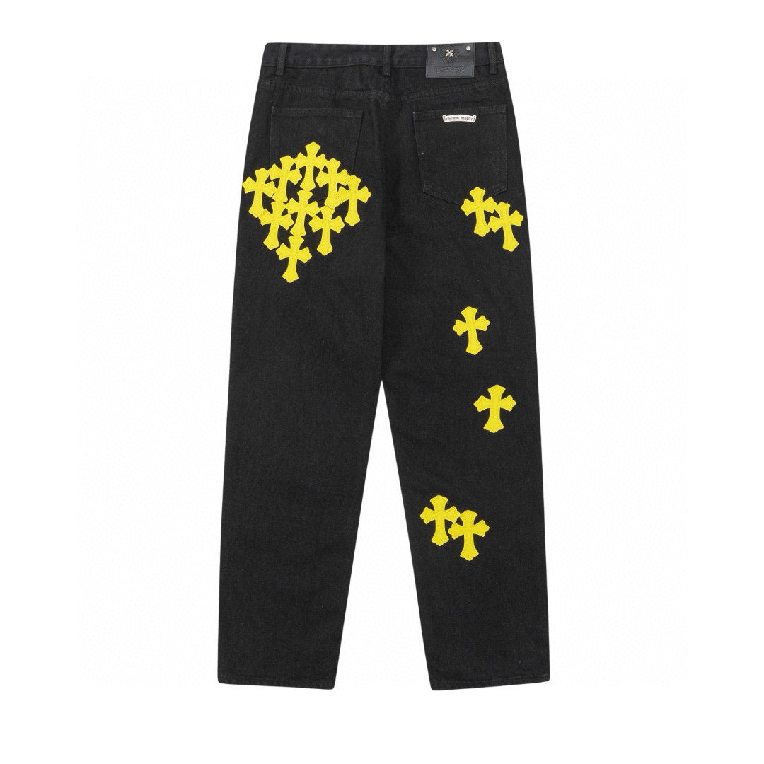 CHROME HEARTS YELLOW CROSS PATCH JEANS BLACK