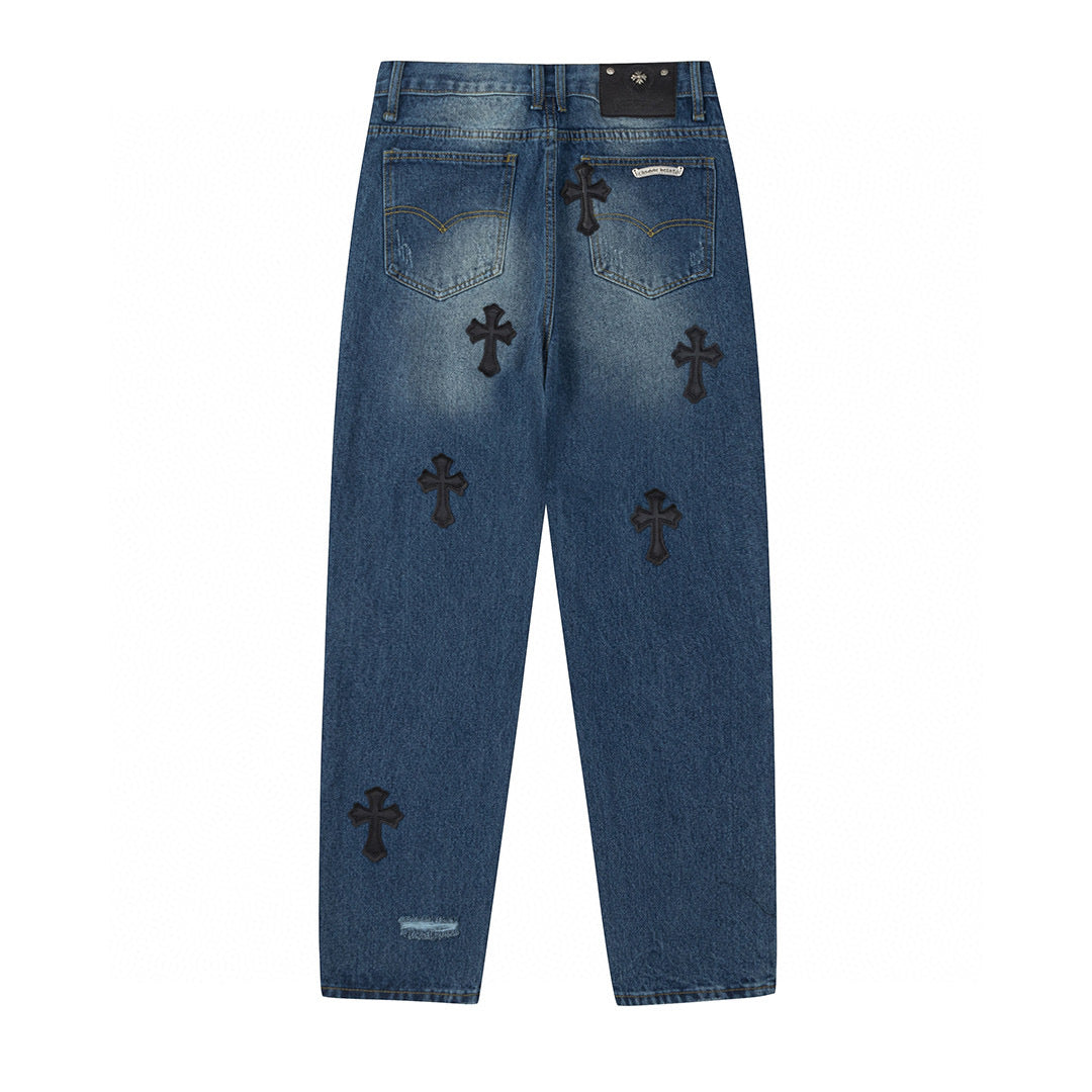 CHROME HEARTS BLACK CROSS PATCH JEANS DENIM