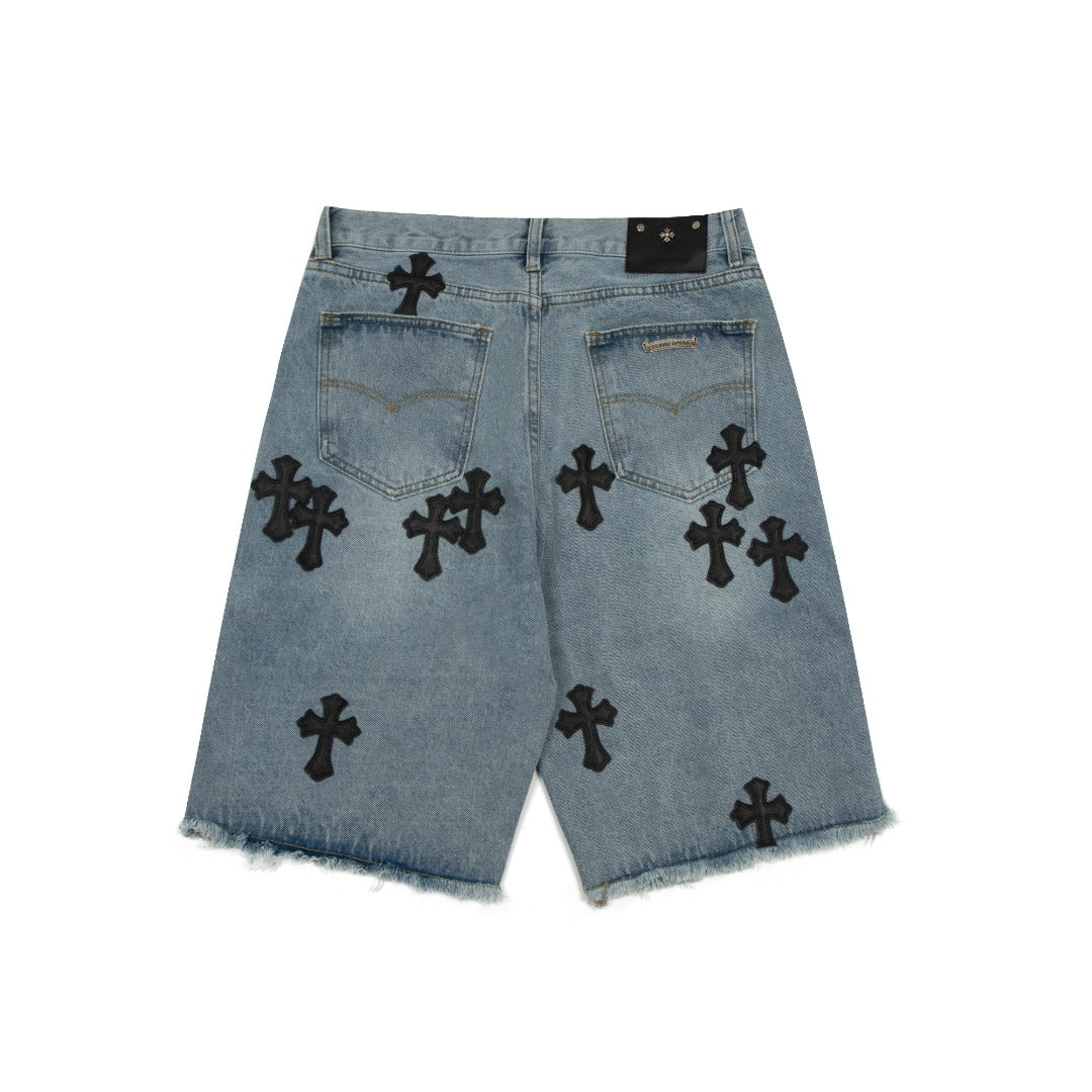 CHROME HEARTS BLACK CROSS PATCH JORTS WASHED DENIM