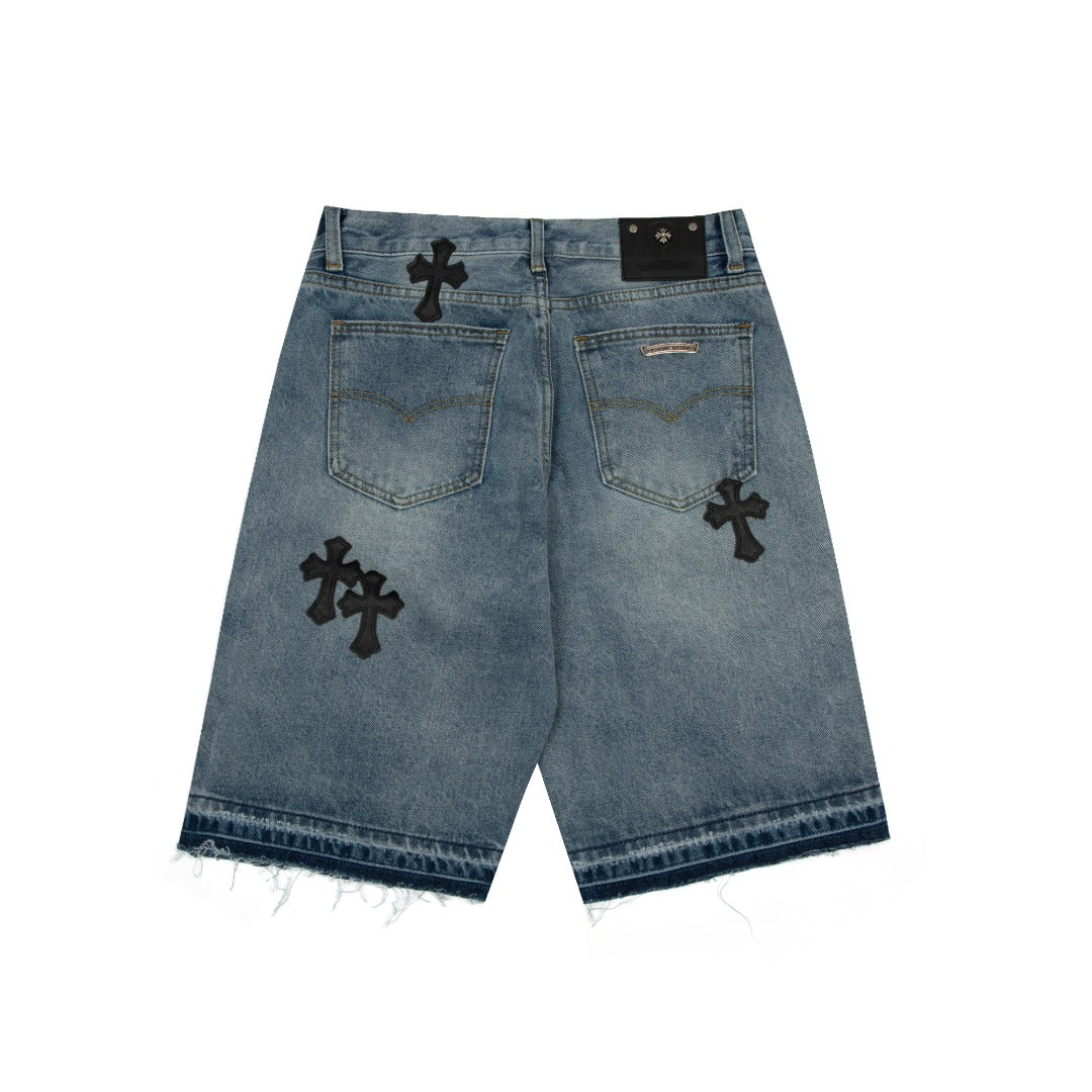 CHROME HEARTS CROSS PATCH BLACK EDGE JORTS WASHED DENIM