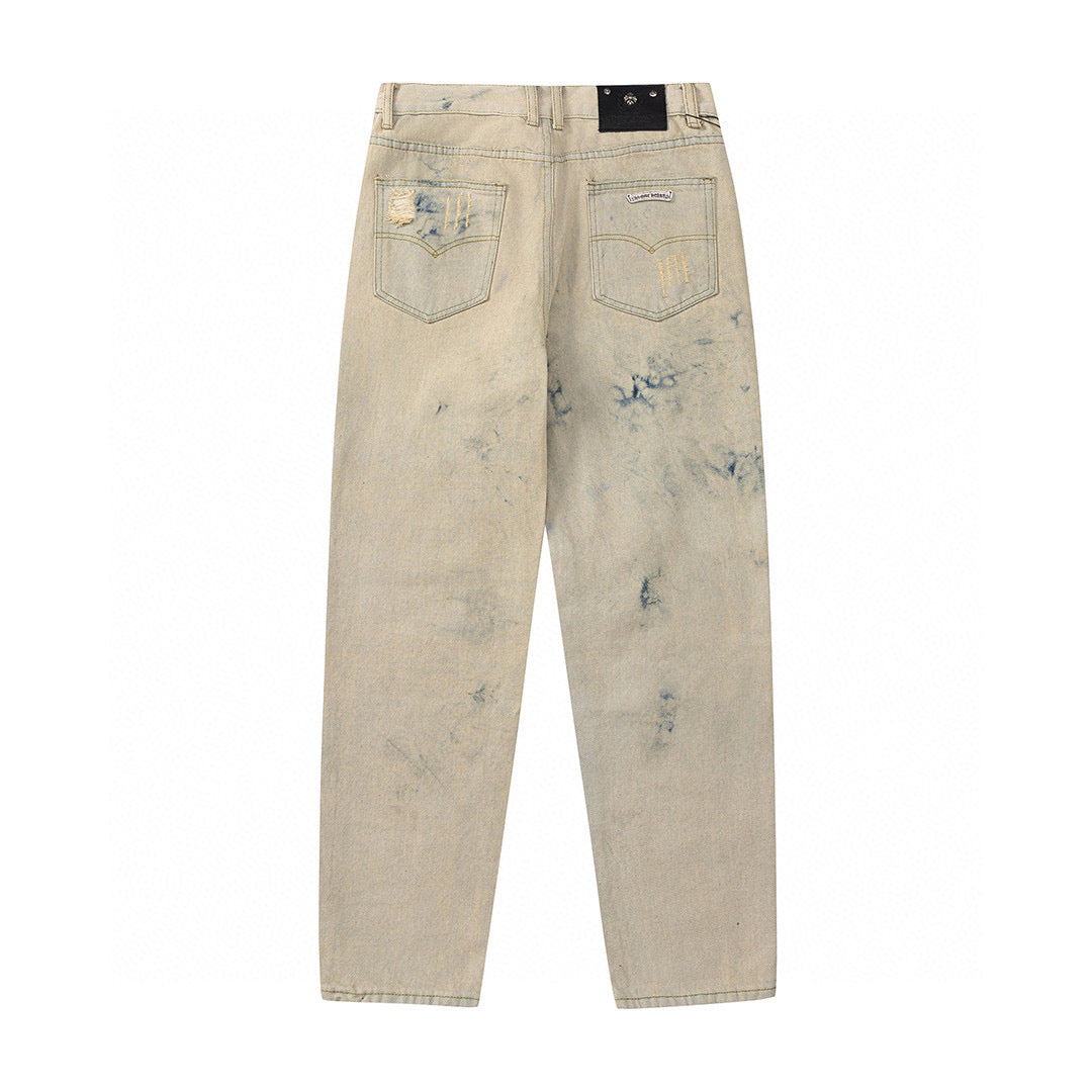 CHROME HEARTS ORANGE BROWN CROSS PATCH JEANS BEIGE