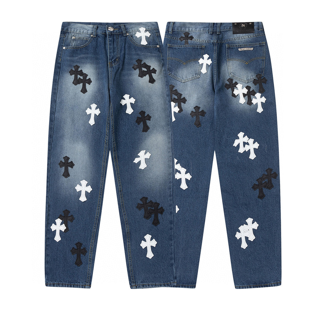 CHROME HEARTS WHITE BLACK CROSS PATCH JEANS DENIM