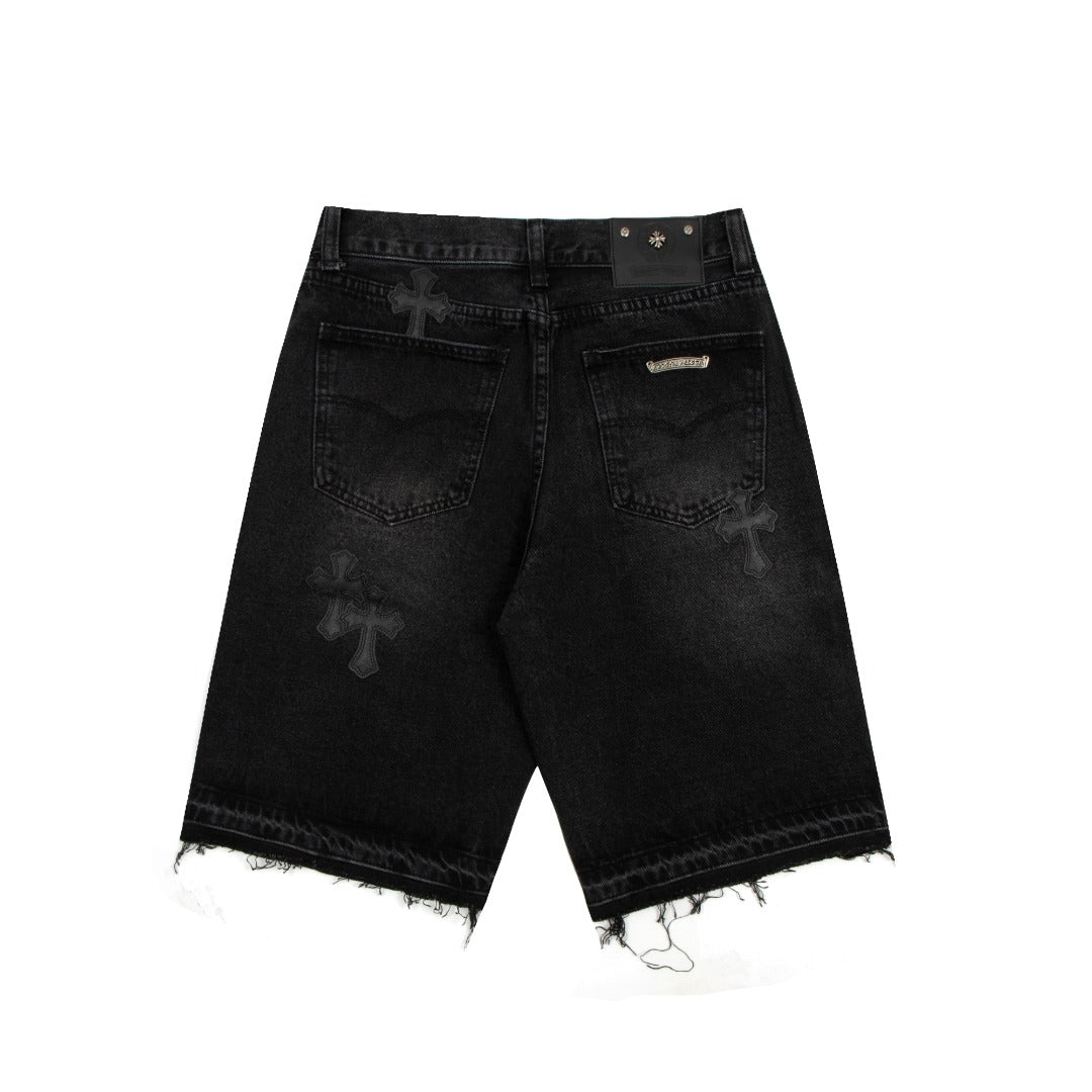 CHROME HEARTS BLACK CROSS PATCH JORTS BLACK